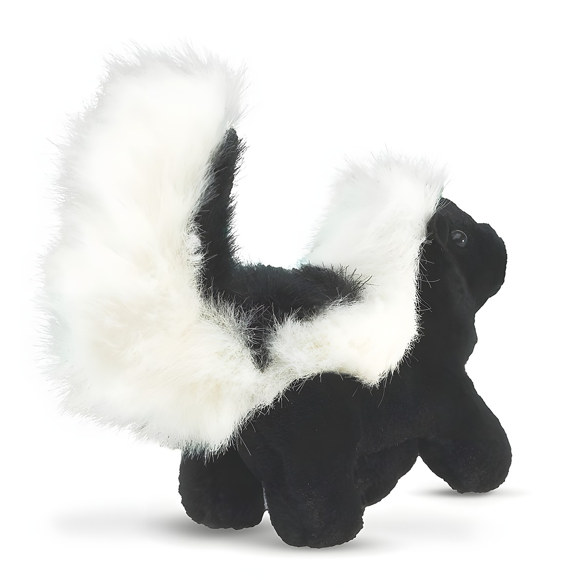 Folkmanis Fingerpuppe mini Stinktier in Schwarz-Weiß mit buschigem, hochgetragenem Schwanz, Seitenansicht