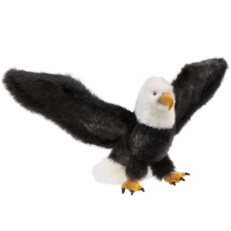Folkmanis Handpuppe Weißkopfseeadler mit weit ausgebreiteten schwarzen Flügeln, weißem Kopf und gelben Krallen, Seitenansicht