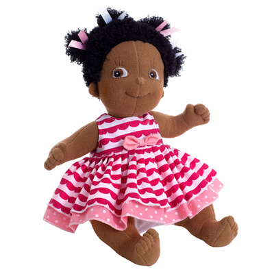 Rubens Kids Puppe Lollo mit schwarzen Löckchen und pink gemustertem Rüschenkleid