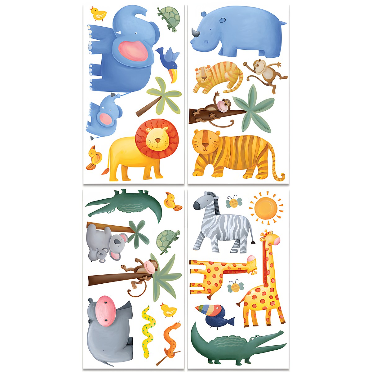 RoomMates Wandsticker Jungle Adventure, vier Klebebögen mit Dschungeltier-Motiven wie Elefant, Nashorn, Tiger und Zebra auf weißem Untergrund