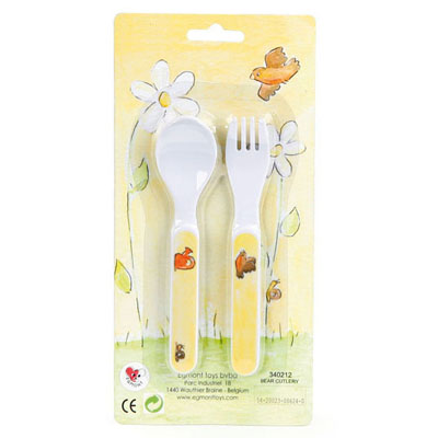 Egmont Toys cutlery bear Remi, white spoon and fork with yellow handle, packaging with bird and daisy