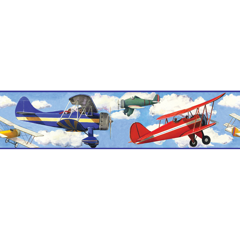 RoomMates Bordüre Vintage Planes, Nahaufnahme des Bordürenstreifens mit blauem, weißem und rotem Doppeldecker vor Wolkenhimmel