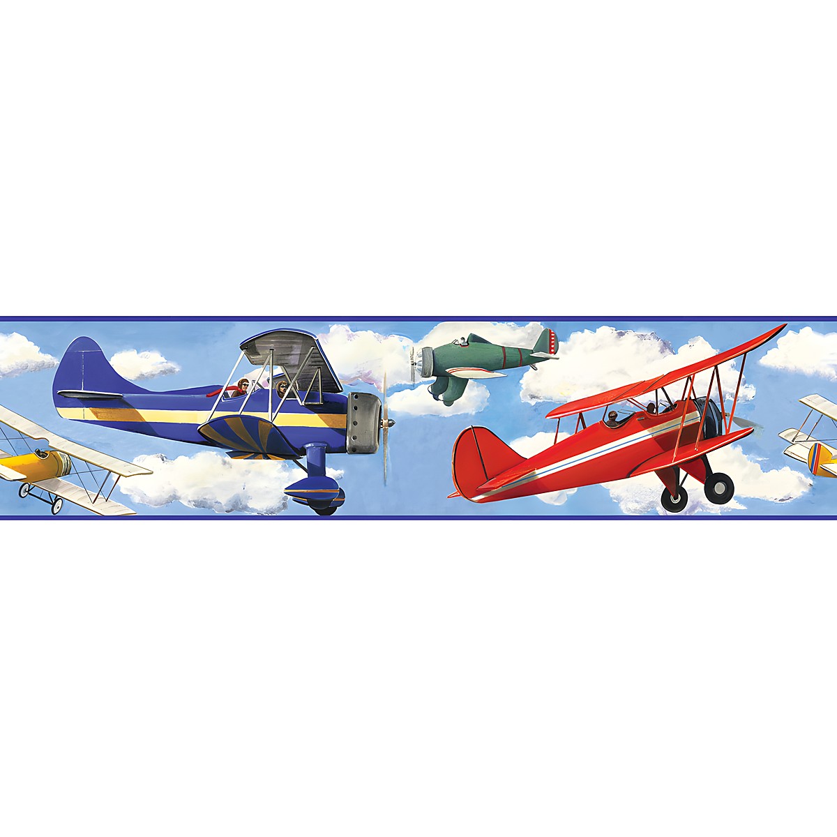RoomMates border Vintage Planes, close-up of the border strip with a blue, white and red biplane against a cloudy sky