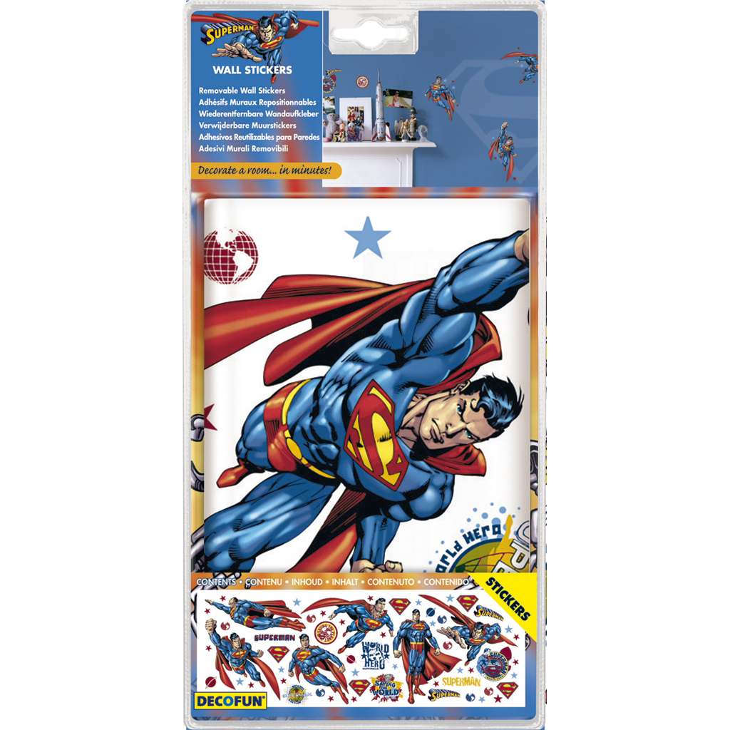 decofun Wandsticker Superman in Verpackung, fliegender Superman vor blauem Sternenhintergrund