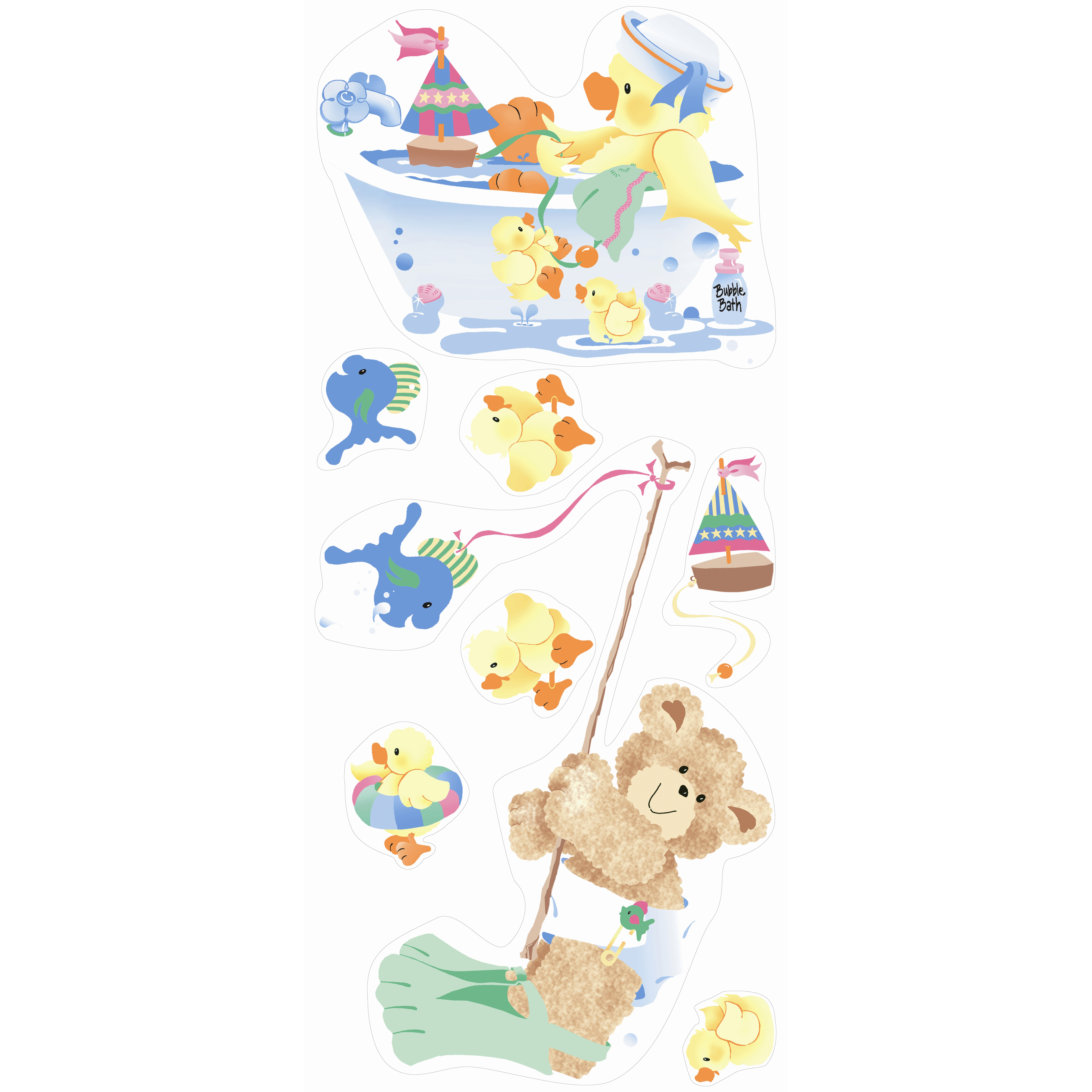 RoomMates Wandbild Splish Splash, Klebebogen mit Enten-, Fisch- und Teddybär-auf-Schaukel-Motiven auf weißem Untergrund
