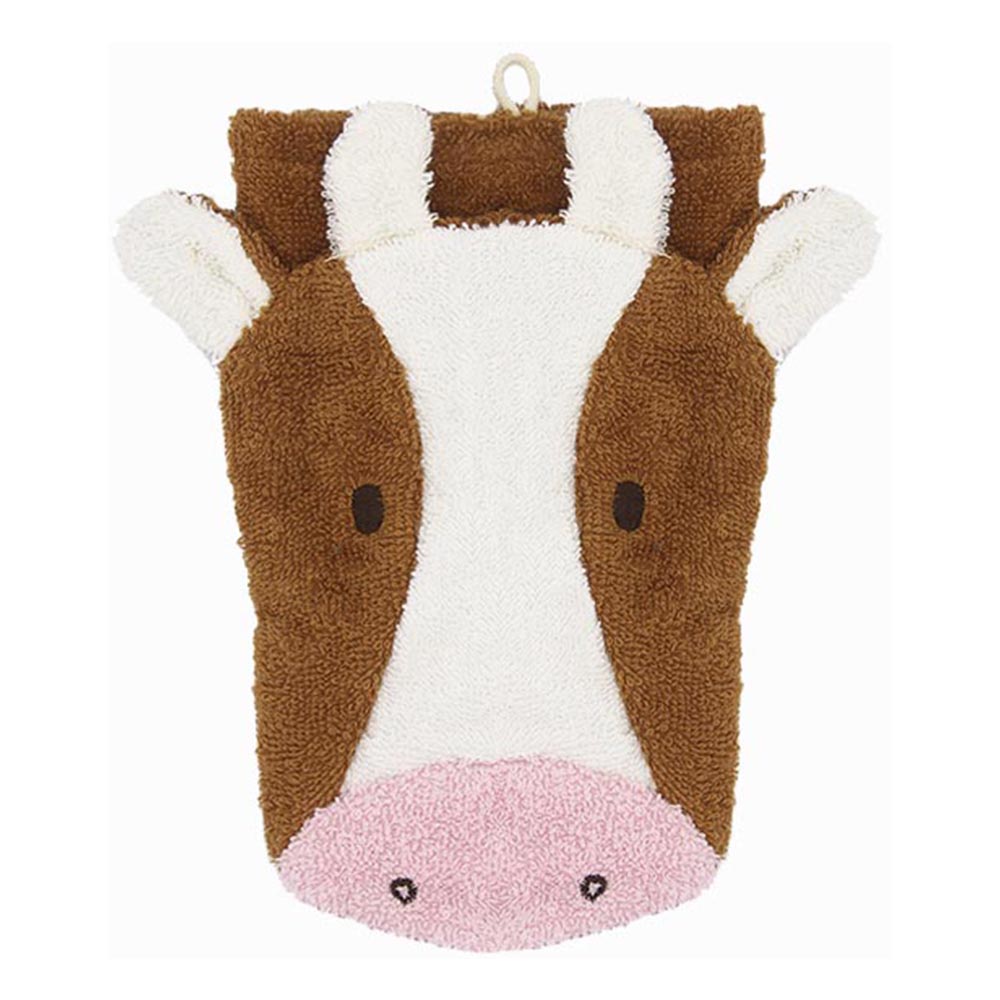 Fürnis organic washcloth cow Klara, brown-white face, pink snout with nostrils and cream-coloured ears