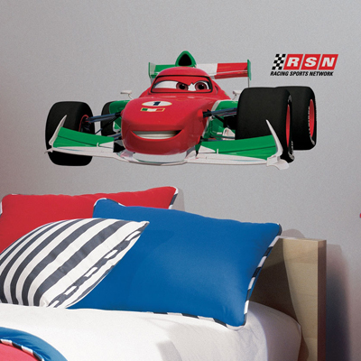 RoomMates wall decal Disney Pixar Cars Francesco Bernoulli, red and green race car on a white children's room wall above a bed with striped pillows