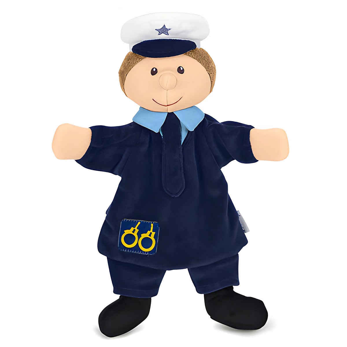 Sterntaler Baby-Handpuppe Polizist, weiße Mütze mit blauem Stern, dunkelblaue Uniform und Handschellen-Emblem