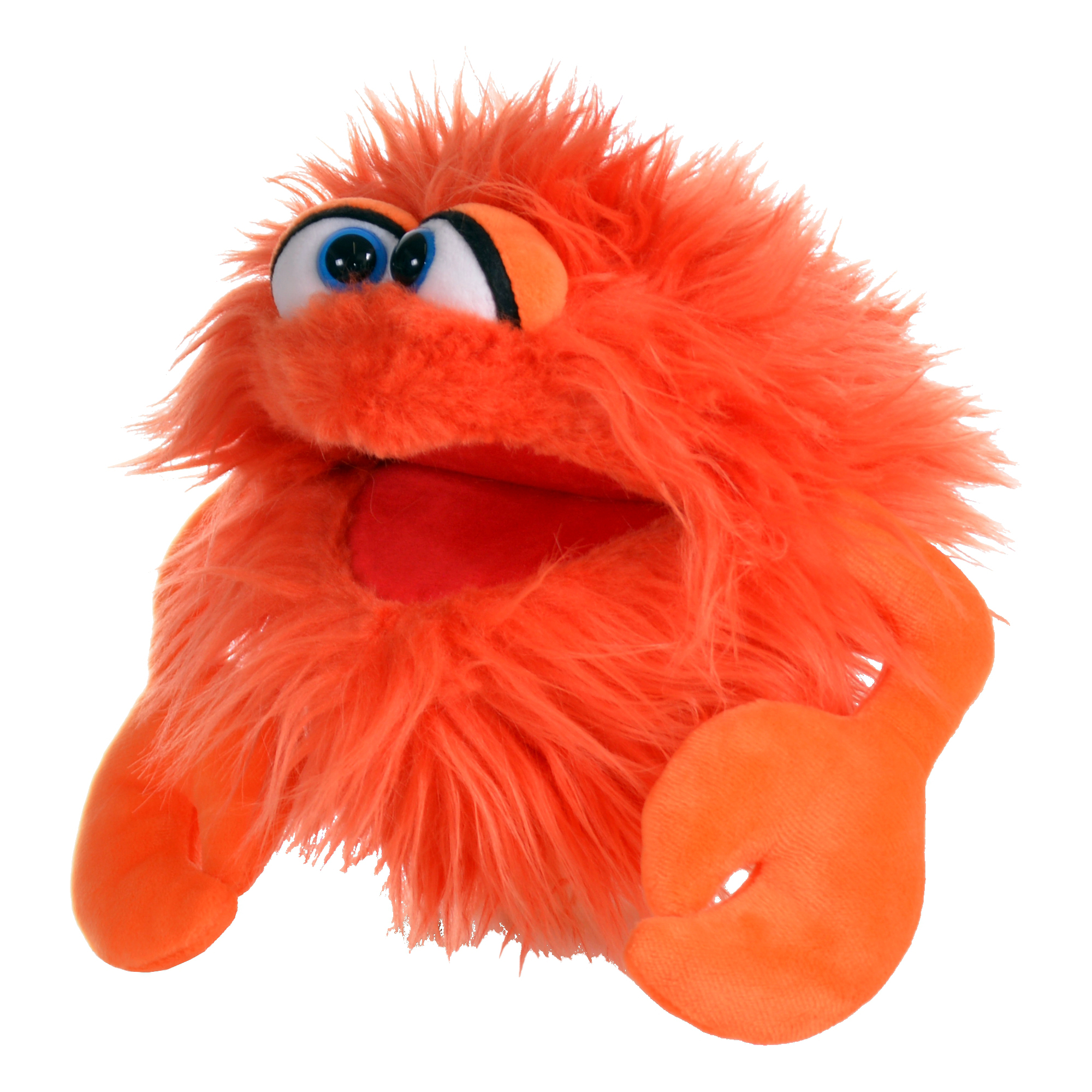 Living Puppets Handpuppe Krabbe Knipser mit orangefarbenem Zottelfell und großen Scheren, geöffneter Mund, seitliche Ansicht