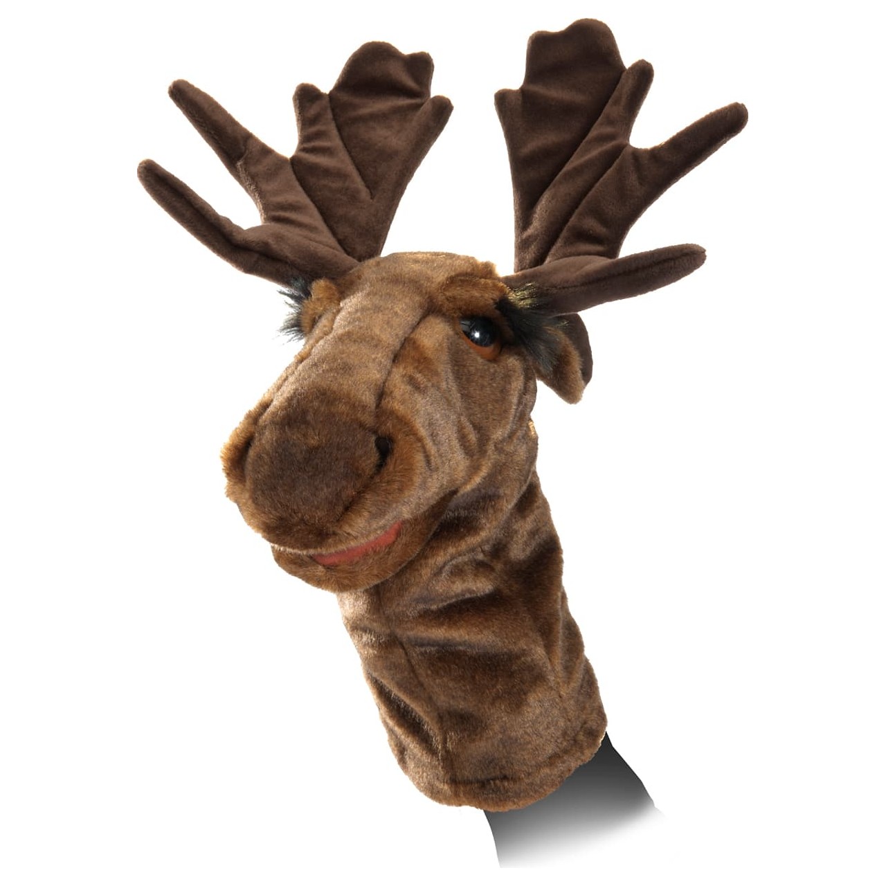 Folkmanis moose hand puppet with movable mouth, dark brown plush and large antlers, shown at an angle