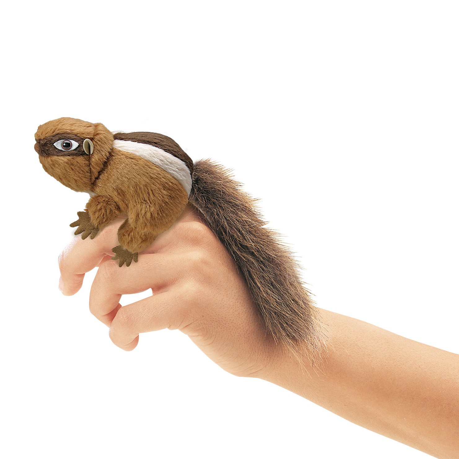 Folkmanis mini finger puppet chipmunk in brown with a bushy tail, worn on an index finger, side view