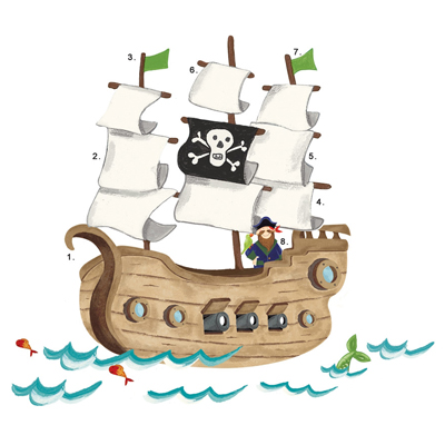 RoomMates wall decal Pirate Ship, assembled pirate ship motif with numbered parts, isolated on a white background