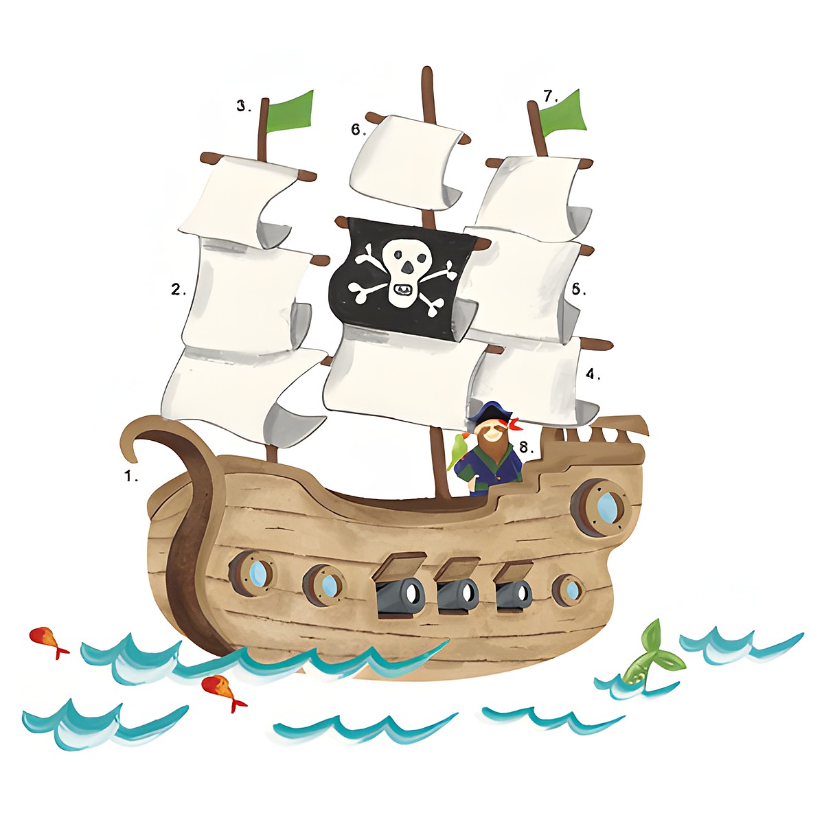 RoomMates Wandbild Pirate Ship, zusammengesetztes Piratenschiff-Motiv mit nummerierten Teilen, freigestellt auf weißem Untergrund