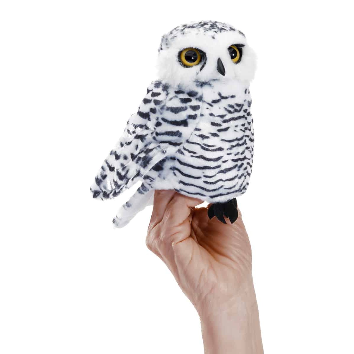 Folkmanis hand puppet small snowy owl in white with black stripes and yellow eyes, worn on a hand