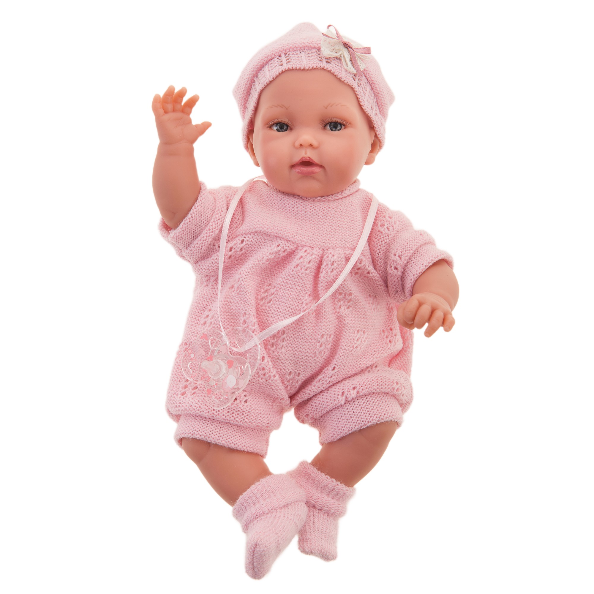 Antonio Juan Babypuppe Peke, realistische Puppe im rosa Strickoutfit mit Häkelmütze und Schleife, ein Arm erhoben, Frontalansicht