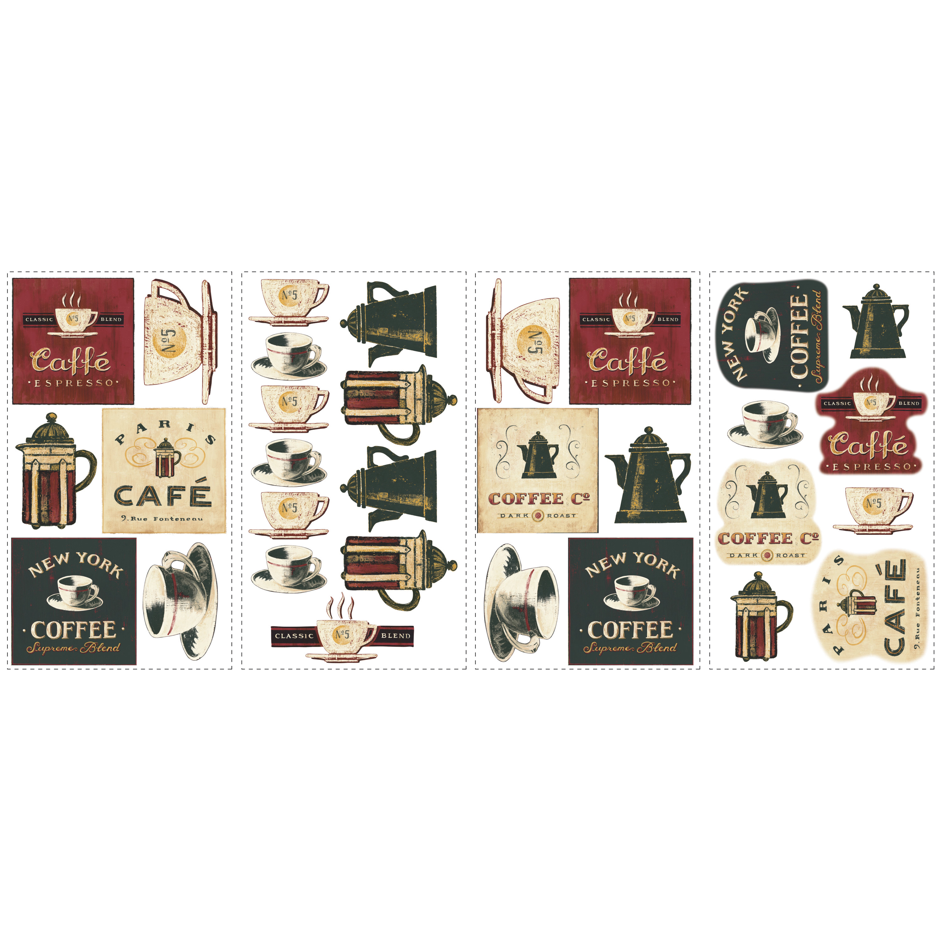 RoomMates wall decal Coffee House Peel & Stick, four decal sheets with coffee sign, pot and cup motifs on a white background