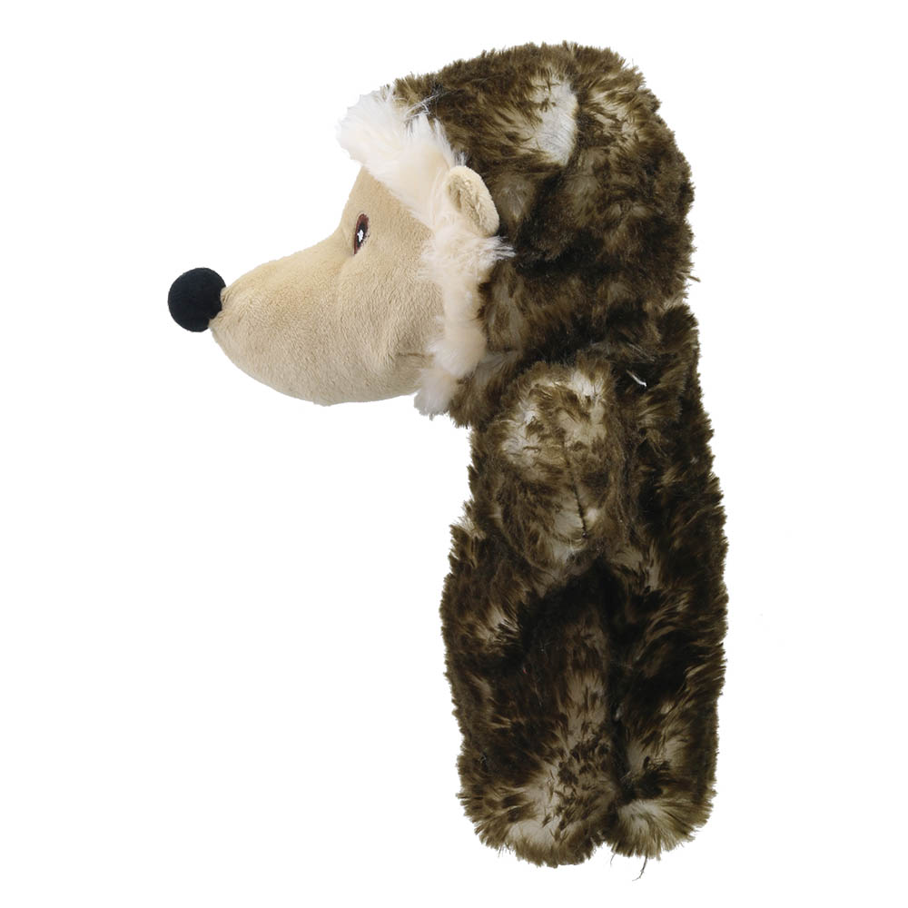 The Puppet Company baby hand puppet hedgehog, side view with a light snout and brown spikes