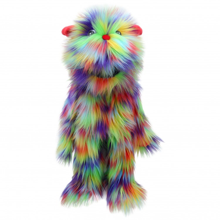 The Puppet Company Handpuppe Monster Regenbogen, buntes zottiges Monster mit rotem Näschen und Ohrspitzen