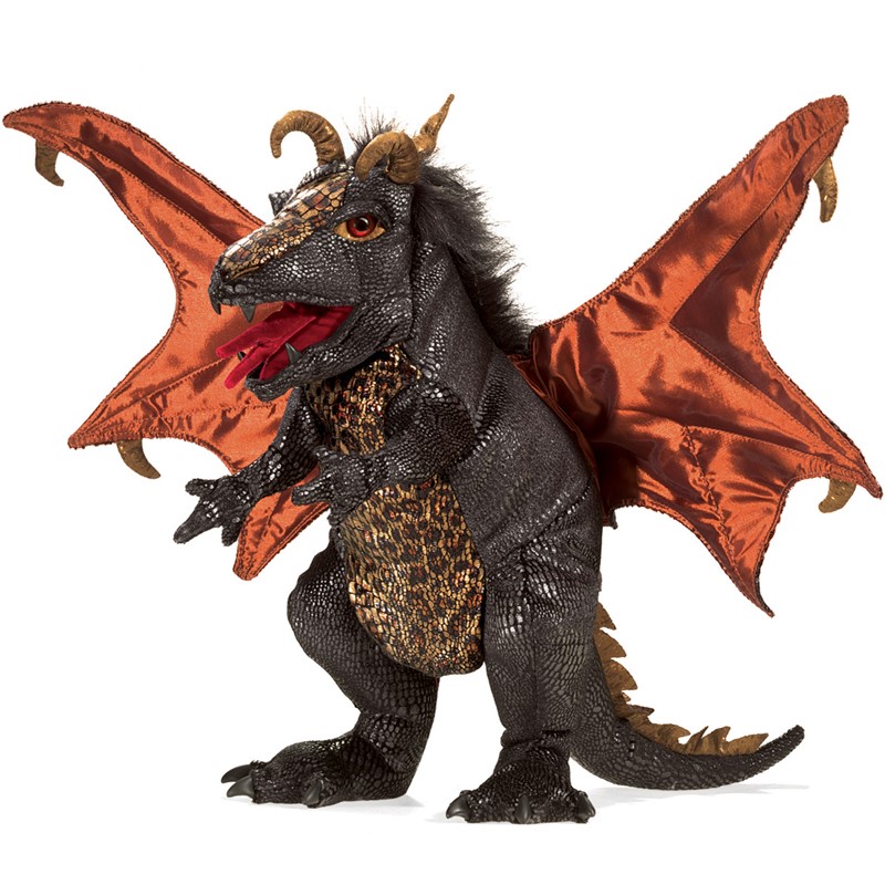 Folkmanis Handpuppe schwarzer Drache mit kupfergoldenem Bauch, gespreizten roten Satinflügeln und geöffnetem Maul, Schrägansicht
