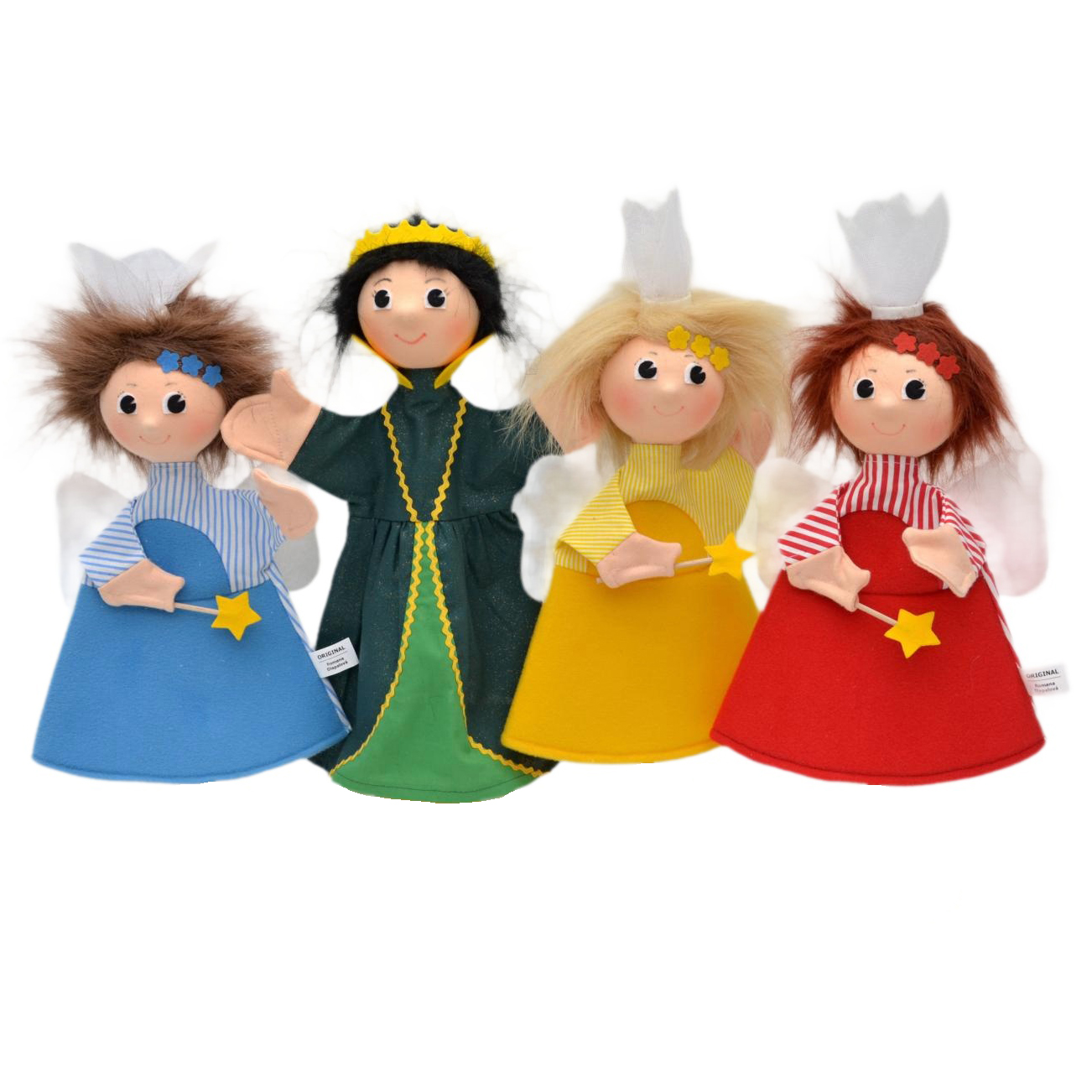 Kasperlepuppen-Set 4-teilig von munabo, vier Handpuppen nebeneinander: drei Feen in Blau, Gelb und Rot sowie eine grüne Königin.