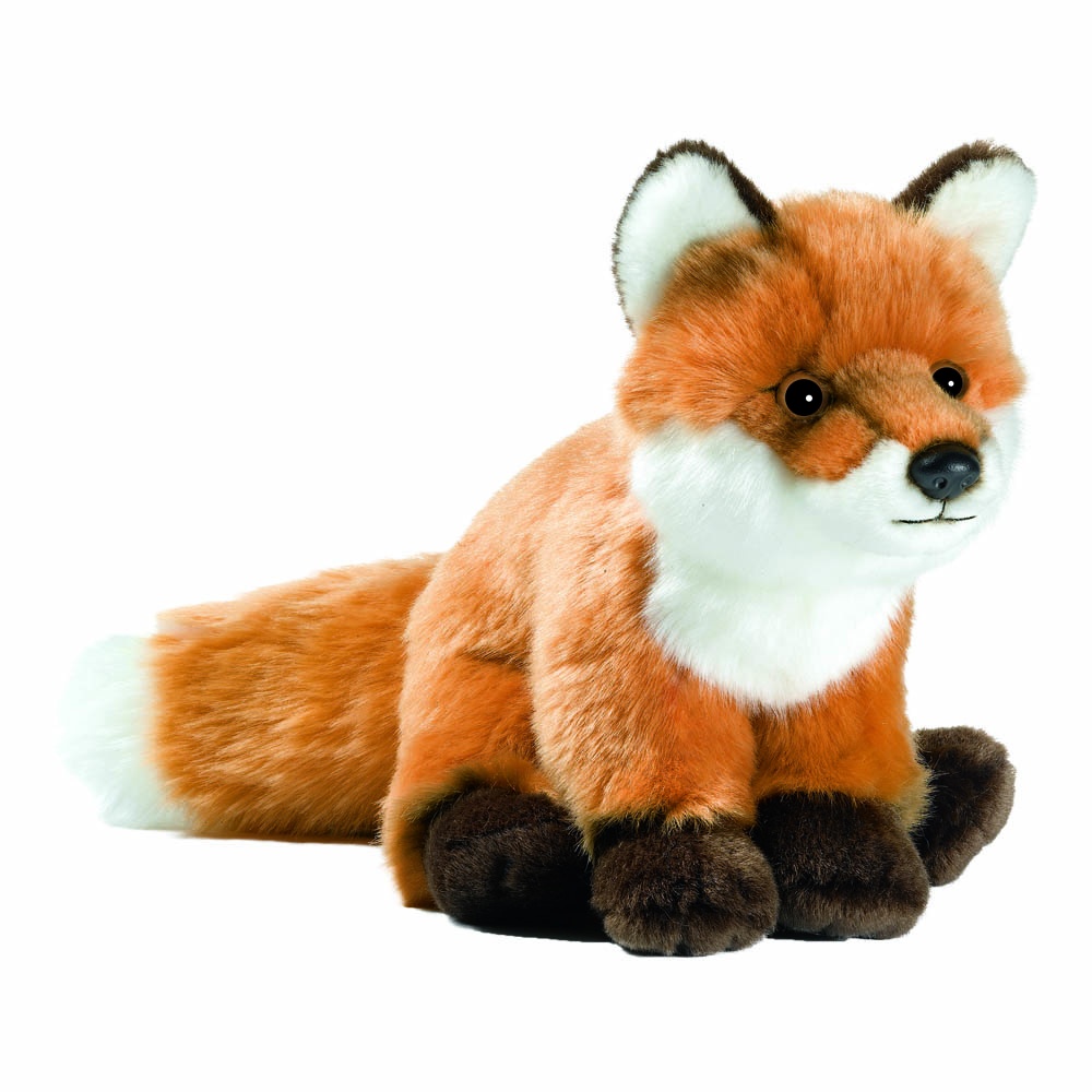 Sitzender Fuchs von Anima mit rotbraunem Fell, weißer Brust, dunklen Pfoten und buschigem Schwanz