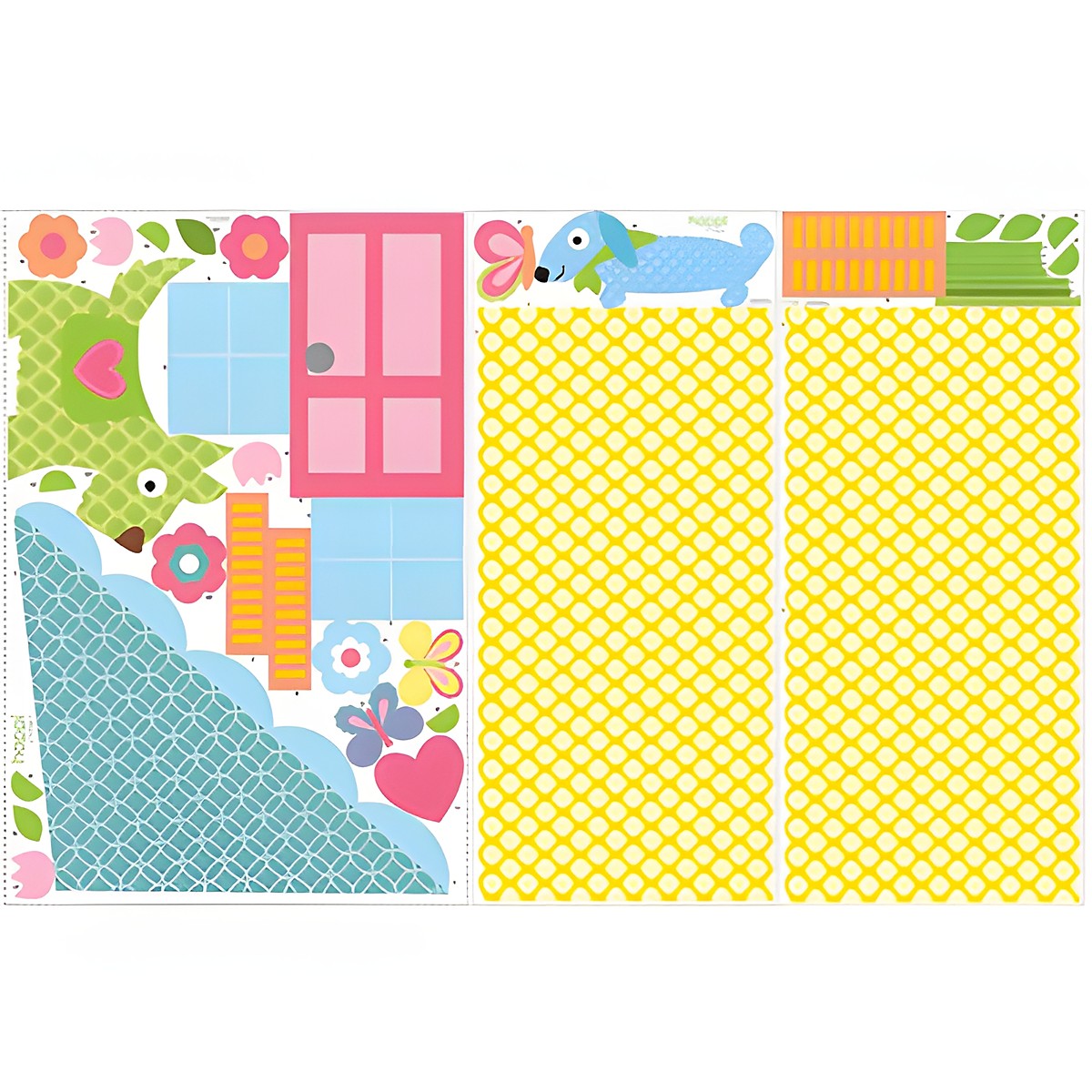 RoomMates wall decal Play House, two decal sheets with dollhouse windows, door, dog motif and polka-dot wall sections on a white background