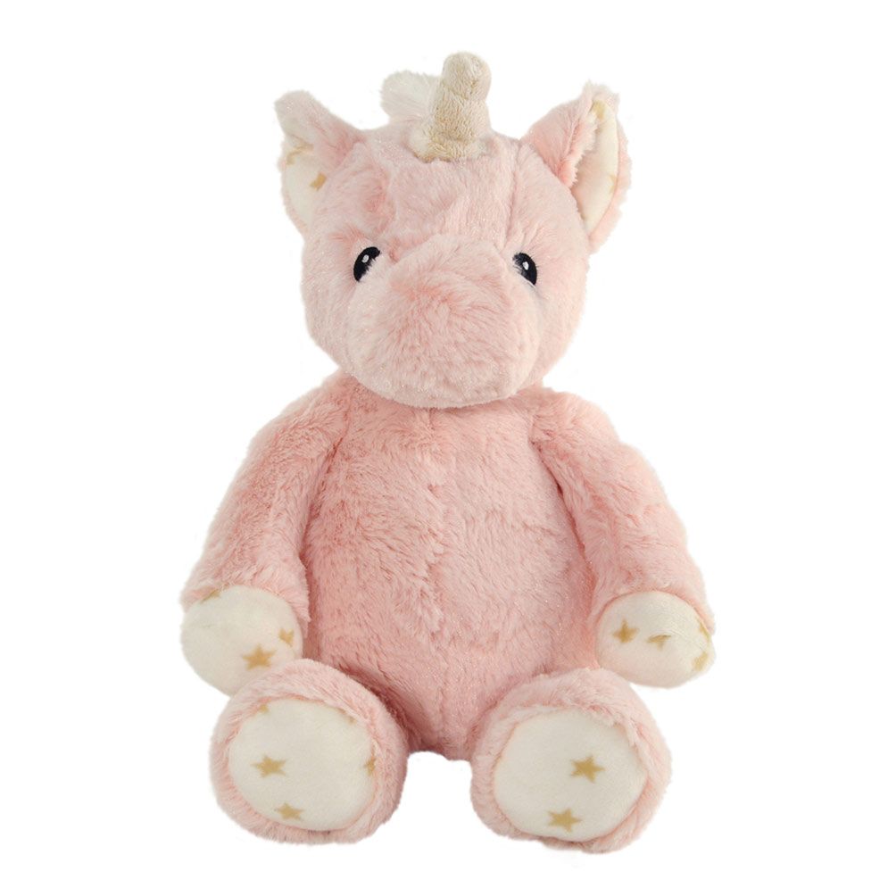 Cloud b sleep aid Ella unicorn, pink plush toy sitting with golden horn and star-patterned paws, front view