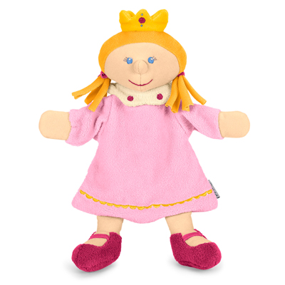 Sterntaler baby hand puppet princess, yellow crown, blonde braids and a pink dress with a yellow hem