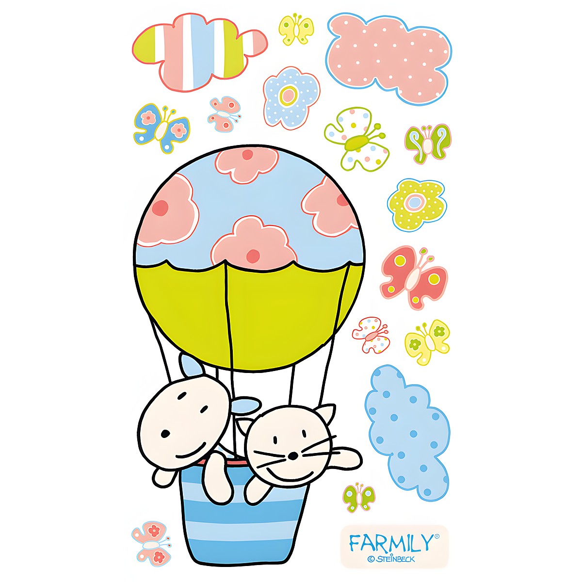 Dinico sticker set Farmily, child and cat in a colourful hot air balloon, surrounded by clouds, flowers and butterflies