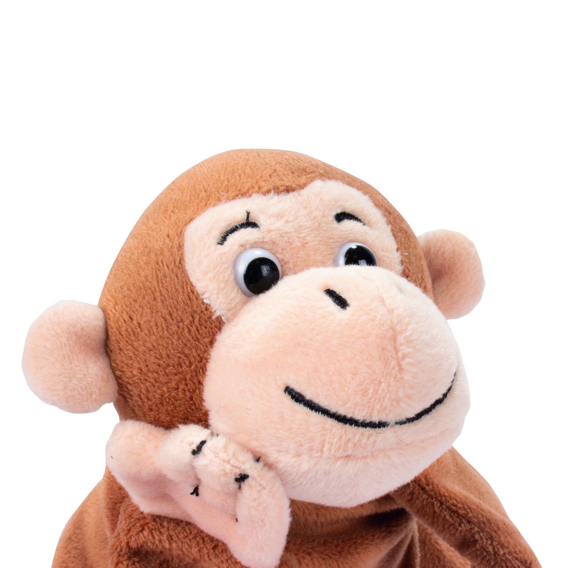 Beleduc Handpuppe Affe, Nahaufnahme des Kopfes mit hellem Gesicht und braunem Fell