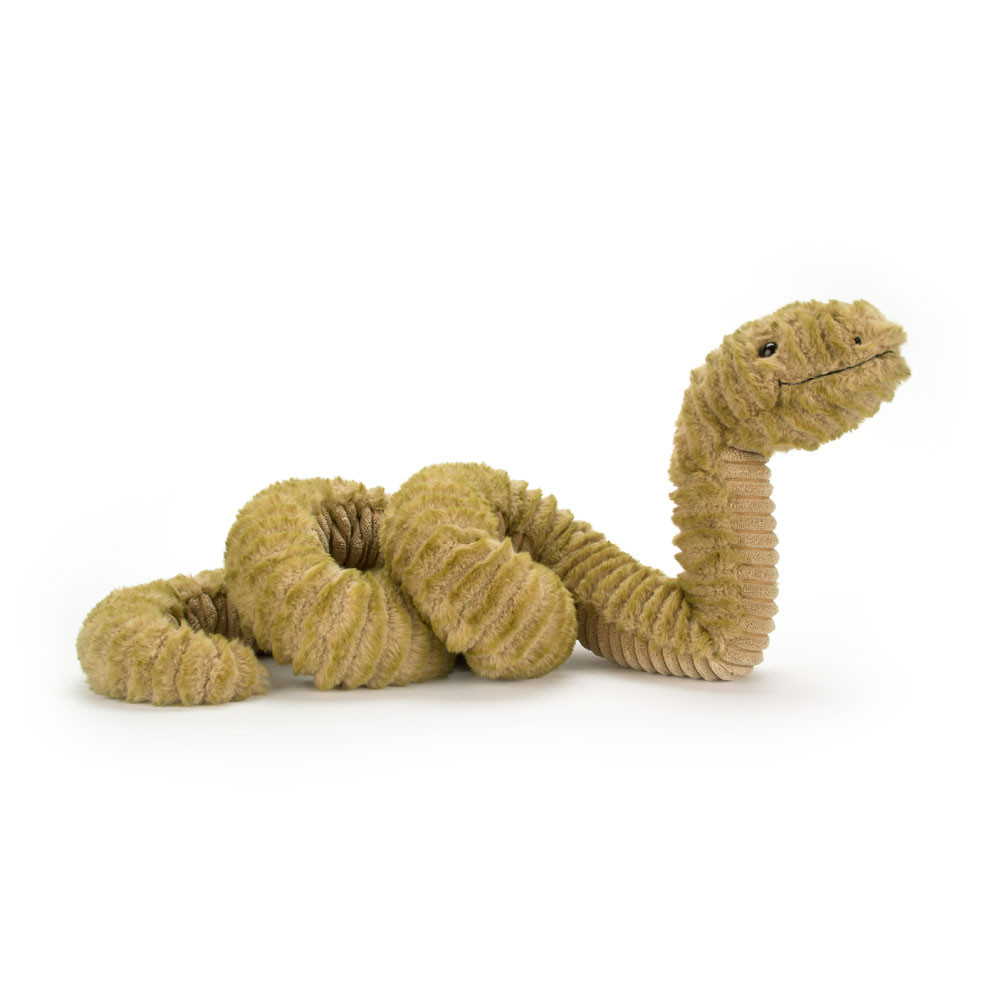 Jellycat Kuscheltier Slither Snake, olivgrünes geripptes Plüschtier, geringelt liegend, Seitenansicht