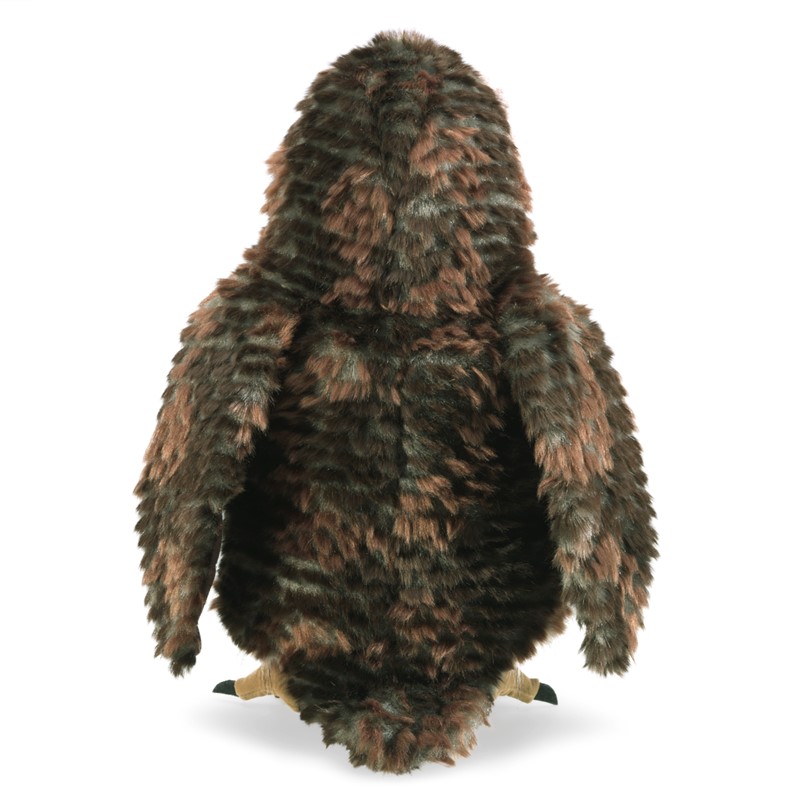 Folkmanis owl hand puppet seen from behind, brown-mottled long-pile plush feathering, small beige claws visible
