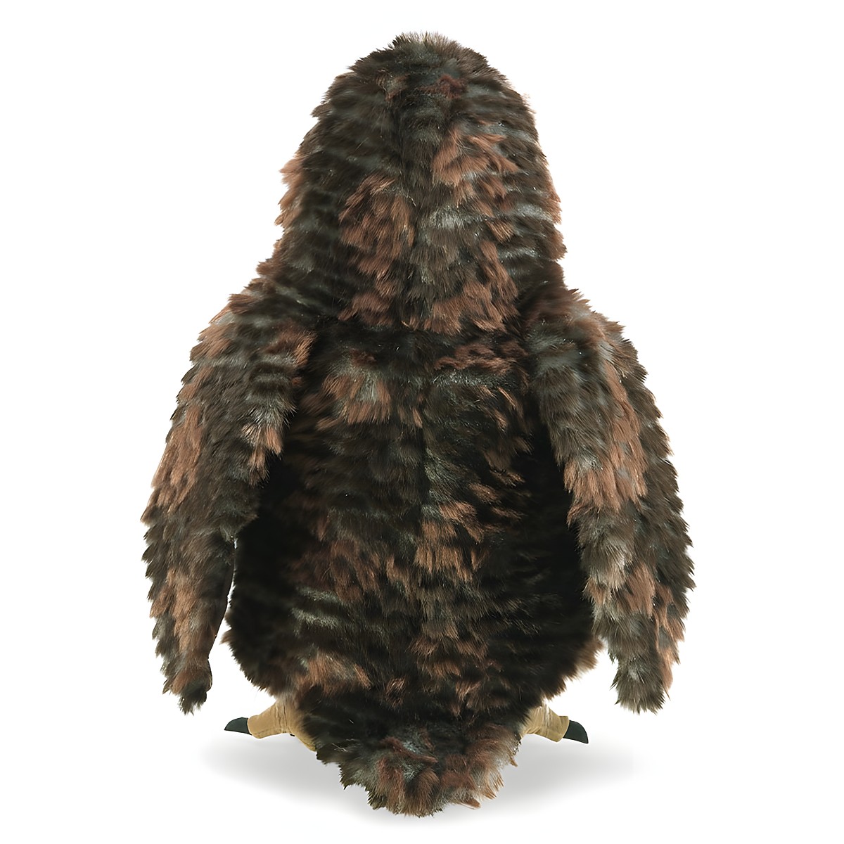 Folkmanis Handpuppe Eule von hinten, braun-meliertes Langflor-Plüschgefieder, kleine beige Krallen sichtbar