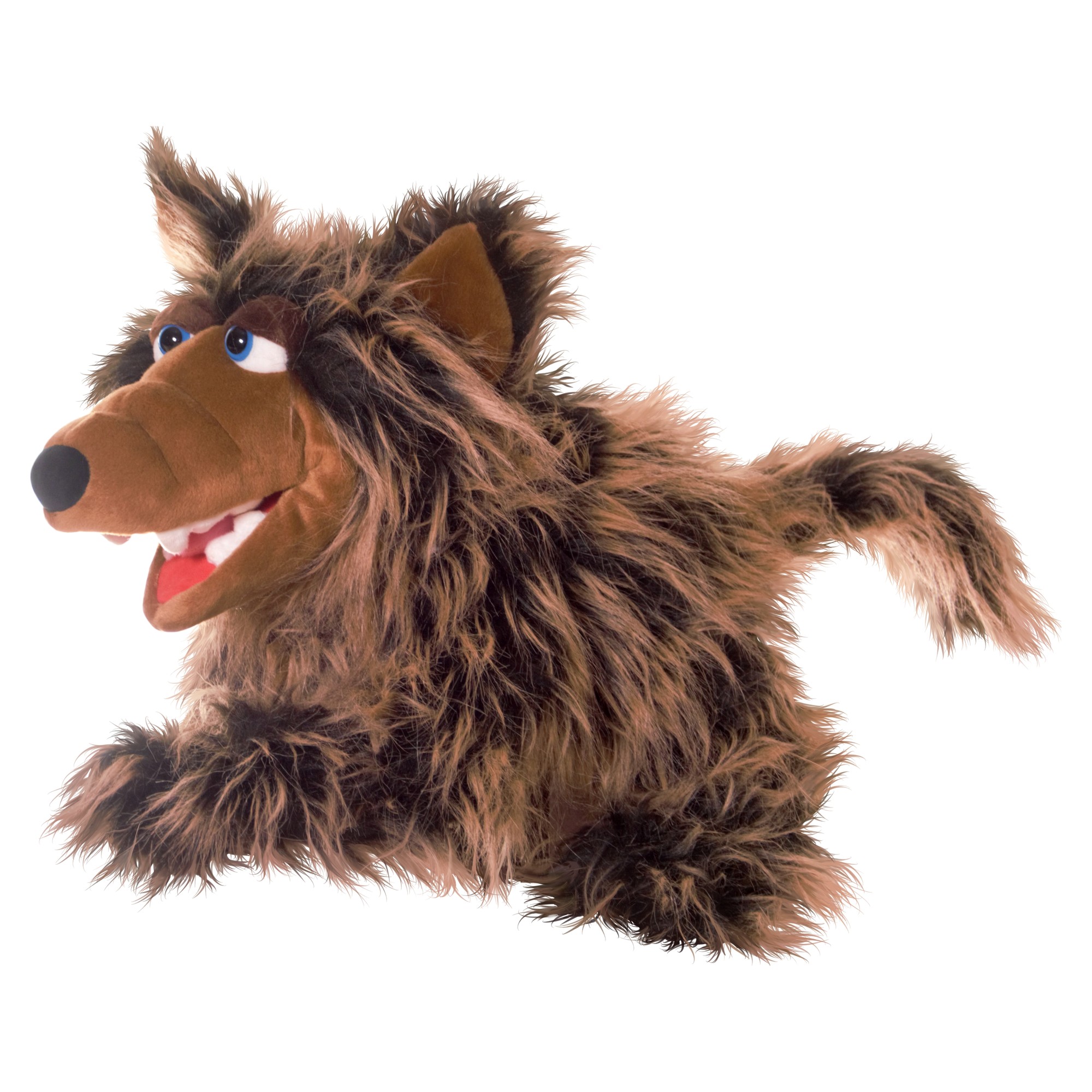 Living Puppets hand puppet Rasputin the wolf with dark brown shaggy fur and a wide open mouth with white teeth, crouching, side view