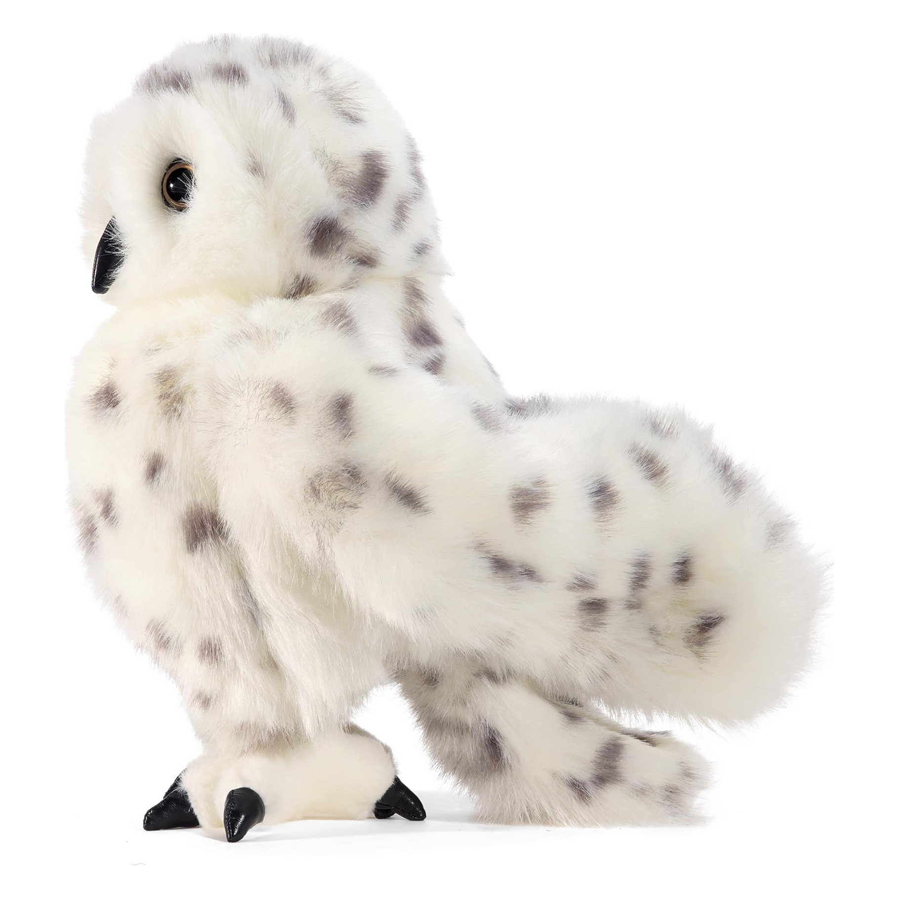 Folkmanis snowy owl hand puppet seen from behind: white plush feathers with dark grey spots, compact round shape