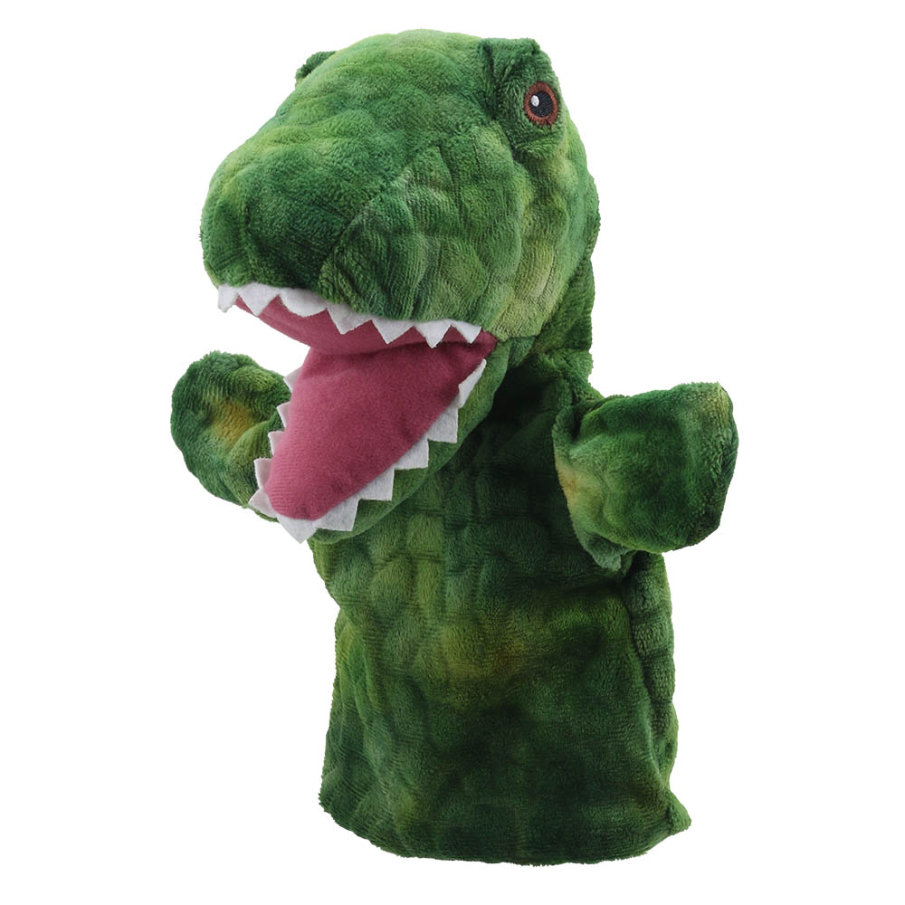 The Puppet Company T-Rex dinosaur hand puppet, green dinosaur with a scaly texture, close-up view