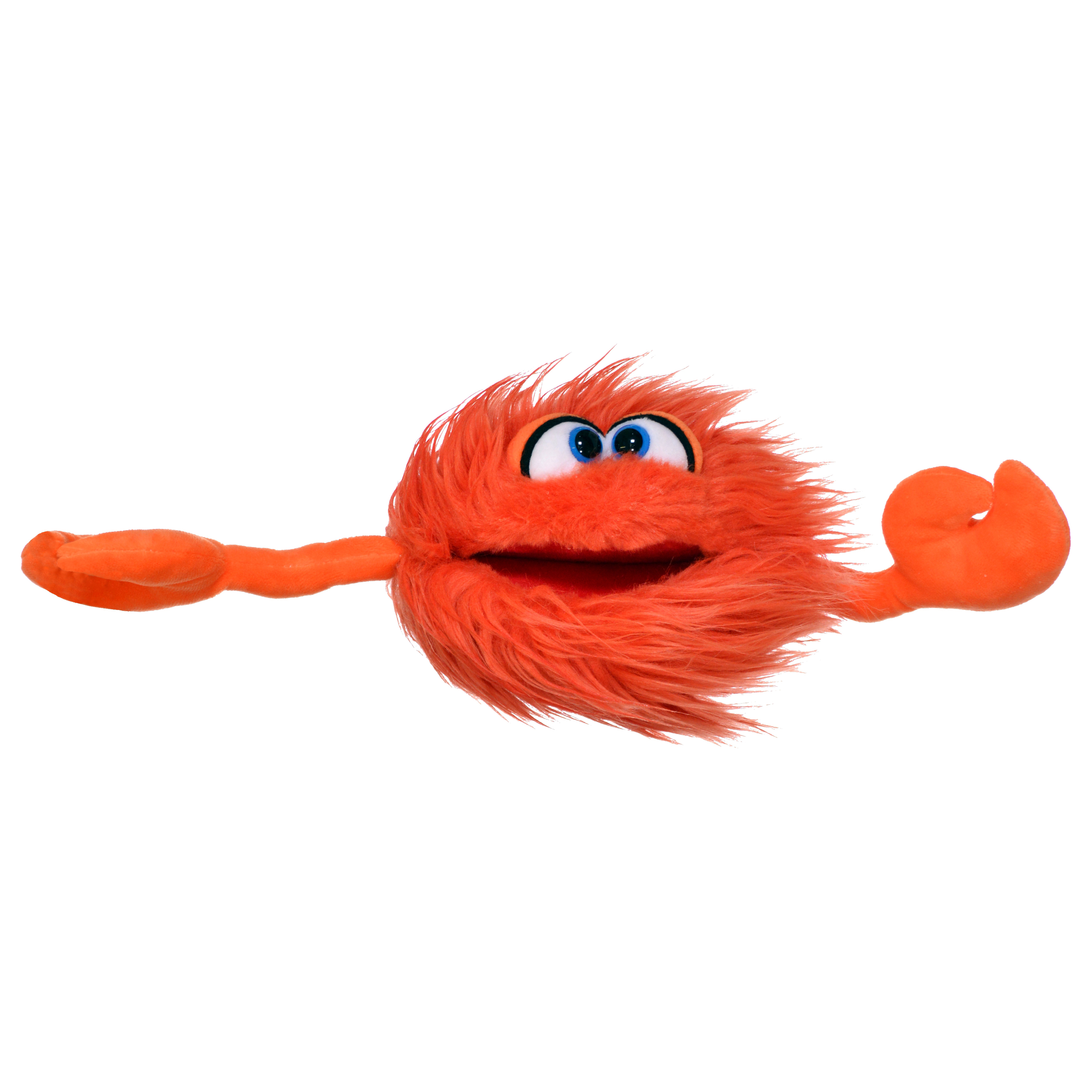 Living Puppets Handpuppe Krabbe Knipser mit weit ausgebreiteten Scherenarmen und orangefarbenem Zottelfell, Blick nach oben