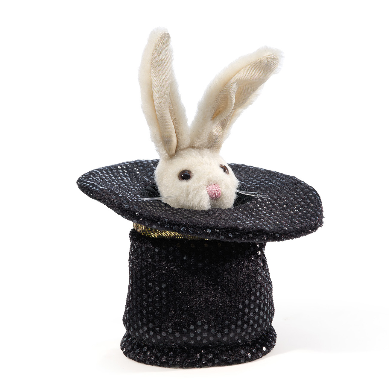 Folkmanis Mini Magic Hat finger puppet: white plush rabbit peeking out of a black sequin top hat, front view