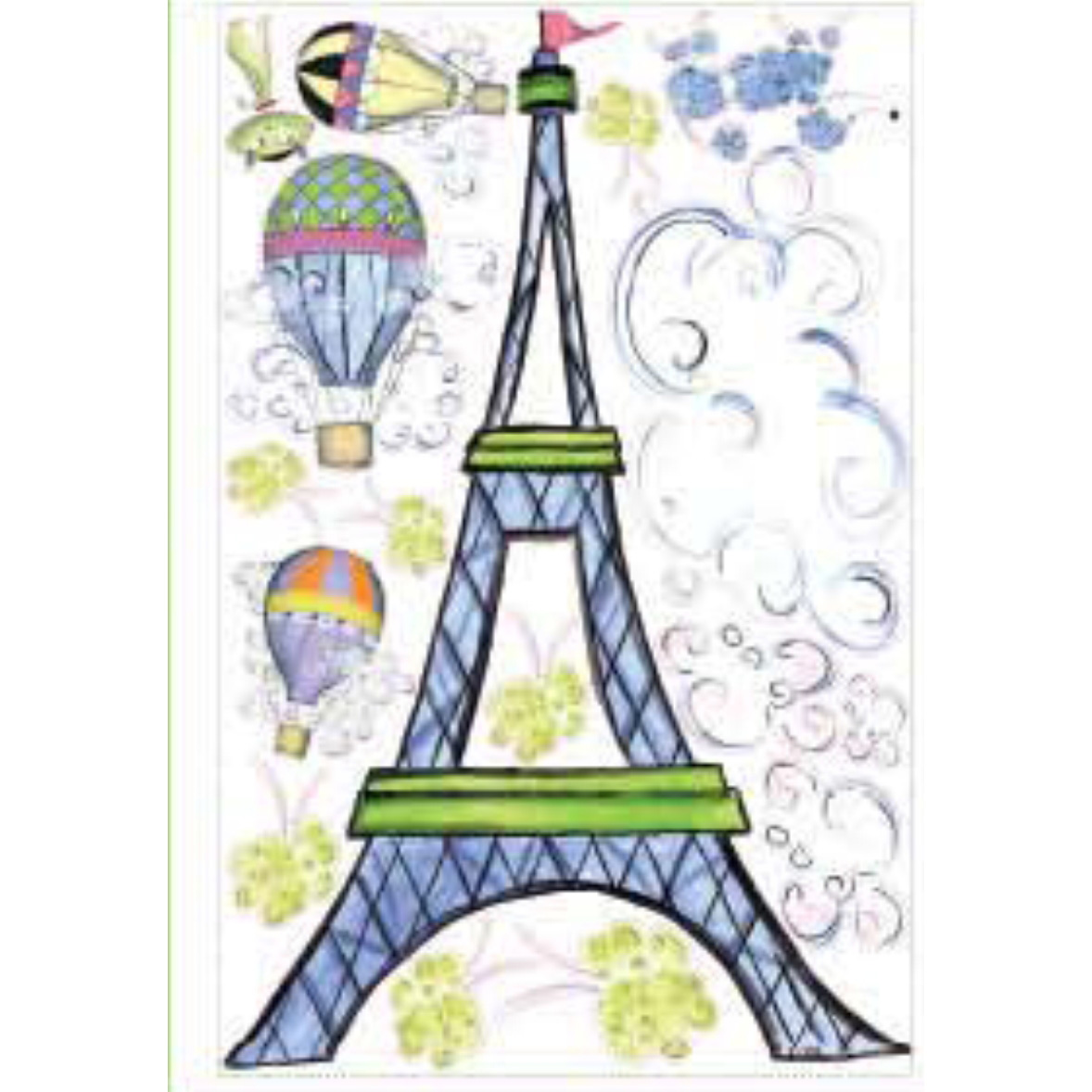 RoomMates wall decal Oh La, decal sheet with Eiffel Tower motif, hot air balloons and floral vines on a white background