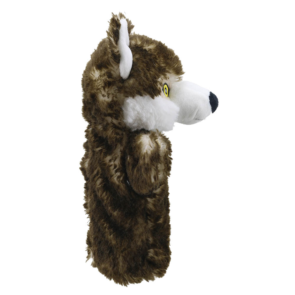 The Puppet Company Baby-Handpuppe Wolf, grau-brauner Wolf mit weißer Schnauze, Seitenansicht von der anderen Seite