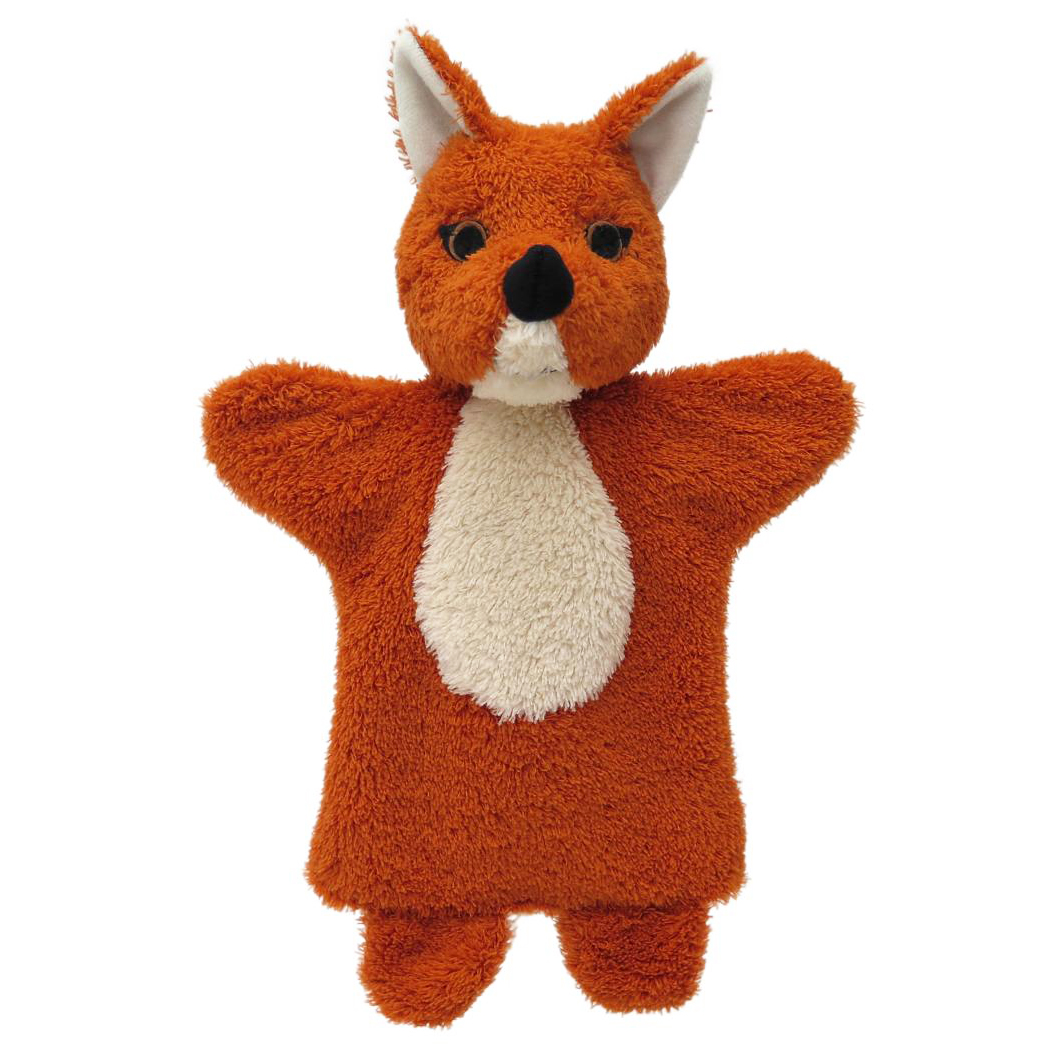 Kasperlepuppe Fuchs von munabo mit rotbraunem Flauschfell, cremefarbener Brust und weißen Ohrinnenseiten