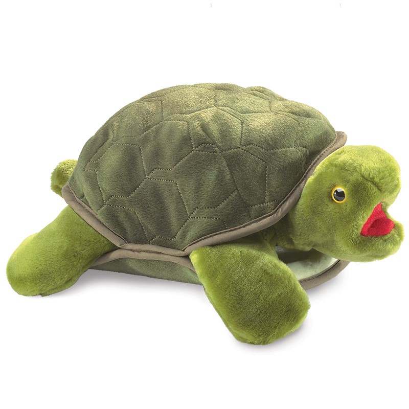 Folkmanis Handpuppe große Schildkröte in Grün mit gestepptem Panzer und geöffnetem Maul, Seitenansicht