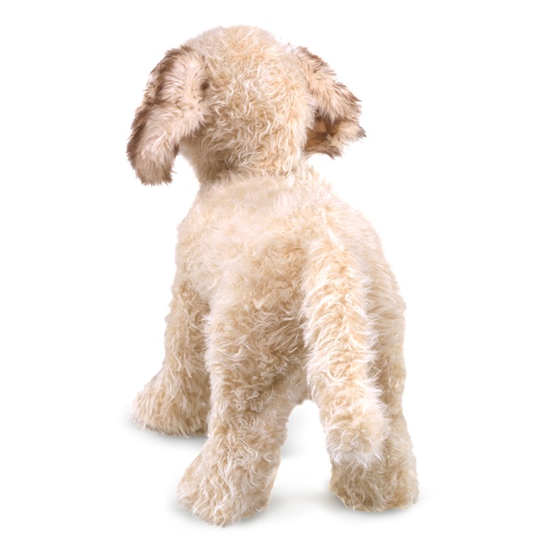 Folkmanis Labradoodle hand puppet with curly beige fur, shown seated in a three-quarter rear view