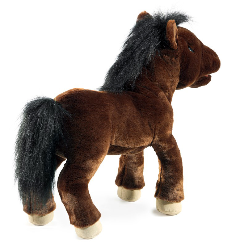 Folkmanis Handpuppe Pferd in dunkelbraunem Plüsch mit schwarzer Mähne und Schweif, stehend in Seitenansicht