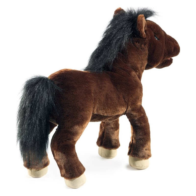 Folkmanis Handpuppe Pferd in dunkelbraunem Plüsch mit schwarzer Mähne und Schweif, stehend in Seitenansicht