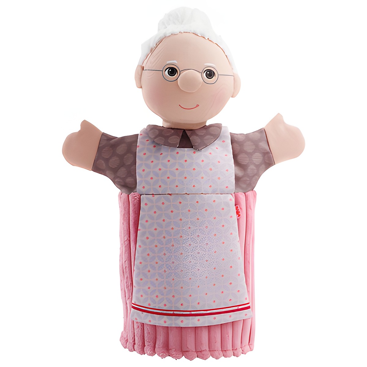 HABA Baby-Handpuppe Oma, mit weißem Haarknoten, Brille, brauner Bluse und rosa gemusterter Schürze