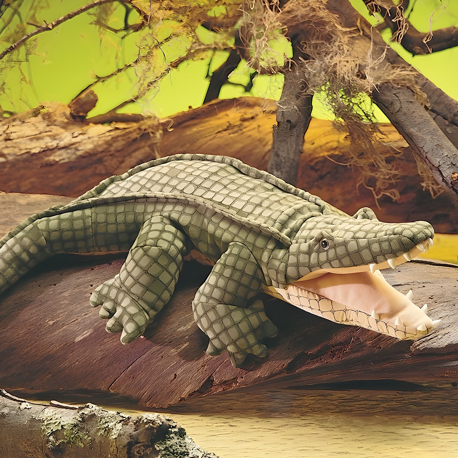 Folkmanis Handpuppe Alligator mit geöffnetem Maul und detaillierter grüner Schuppentextur, auf einem Baumstamm liegend