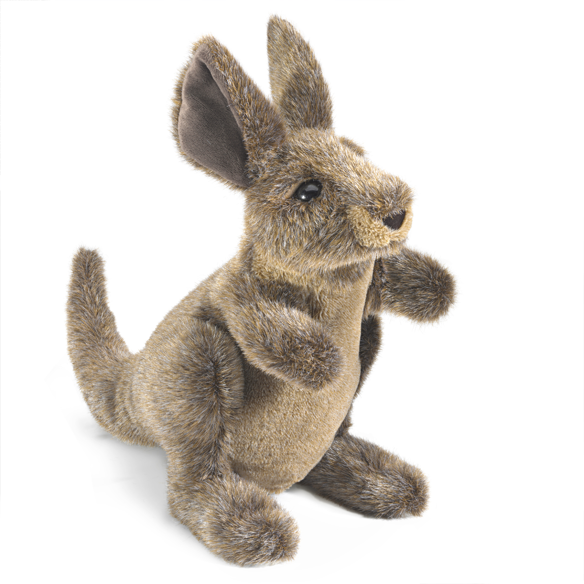 Folkmanis small kangaroo hand puppet in angled view, brown mottled fur, sitting upright with raised front paws