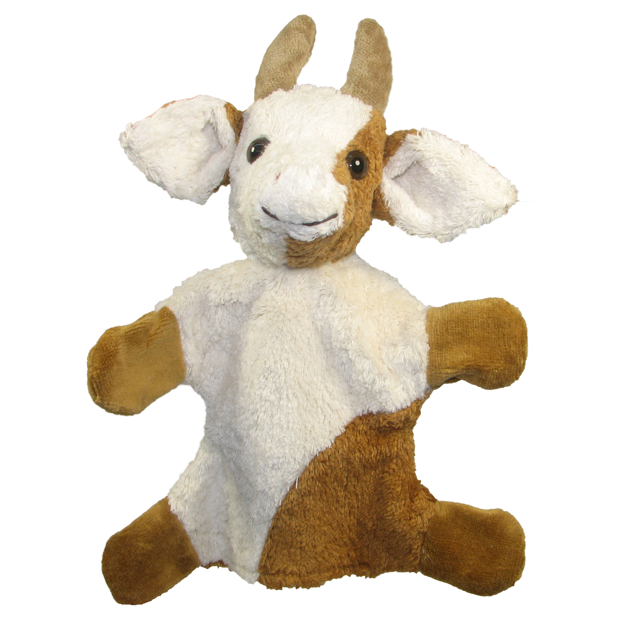Kallisto Handpuppe Kuh Frontansicht, braun-weiß gefleckte Handpuppe aus Naturmaterial mit Hörnern und braunen Pfoten