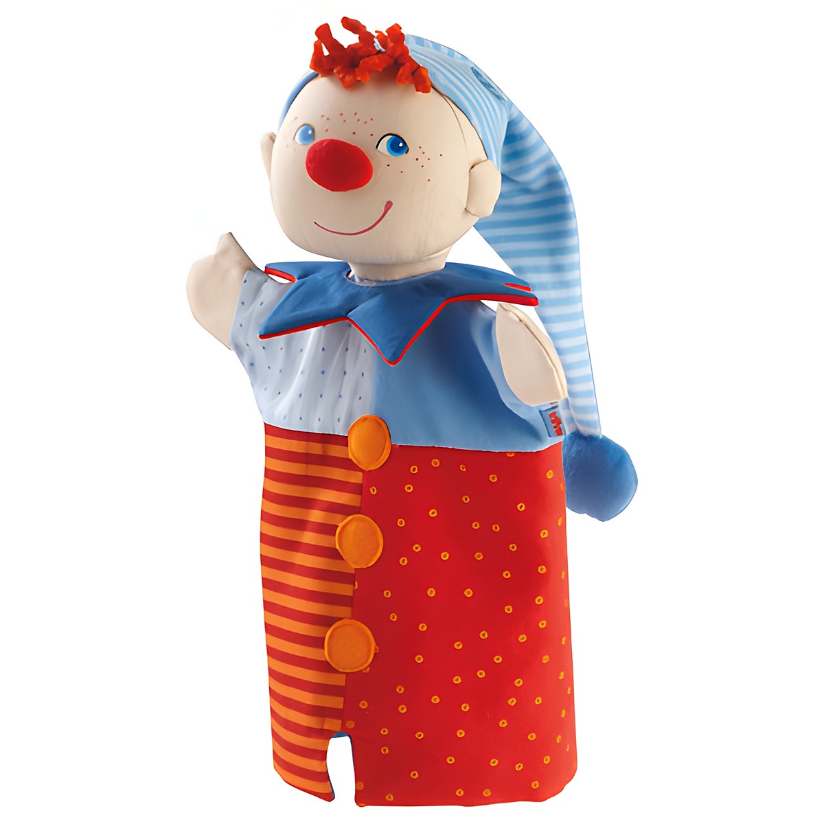 HABA Baby-Handpuppe Kasper, mit roter Nase, roten Haaren, blau gestreifter Zipfelmütze und rot-orangem Kostüm